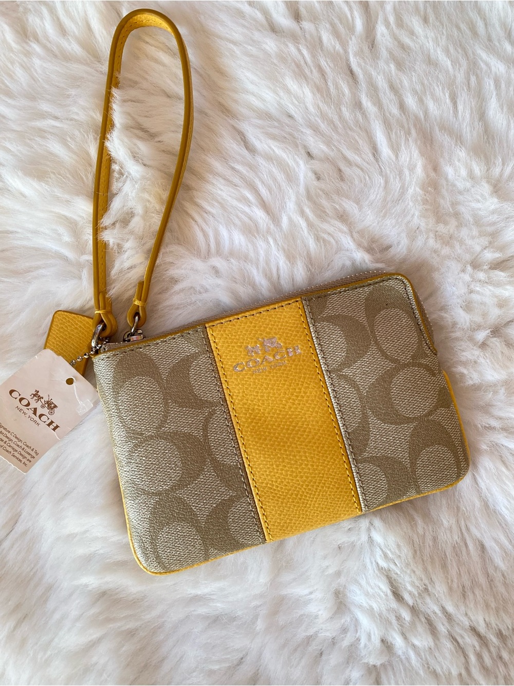Coach Beige Signature Canvas Wristlet with Yellow Leather Stripe- NWT y2k style